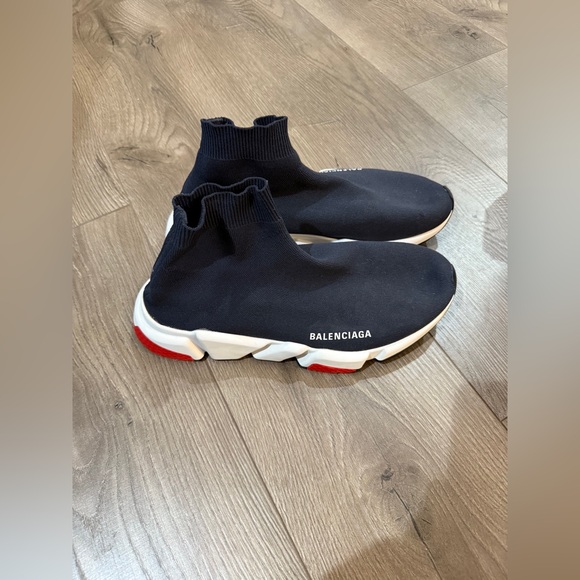 Balenciaga Navy Sock Sneakers with White and Red Soles - Picture 1 of 9